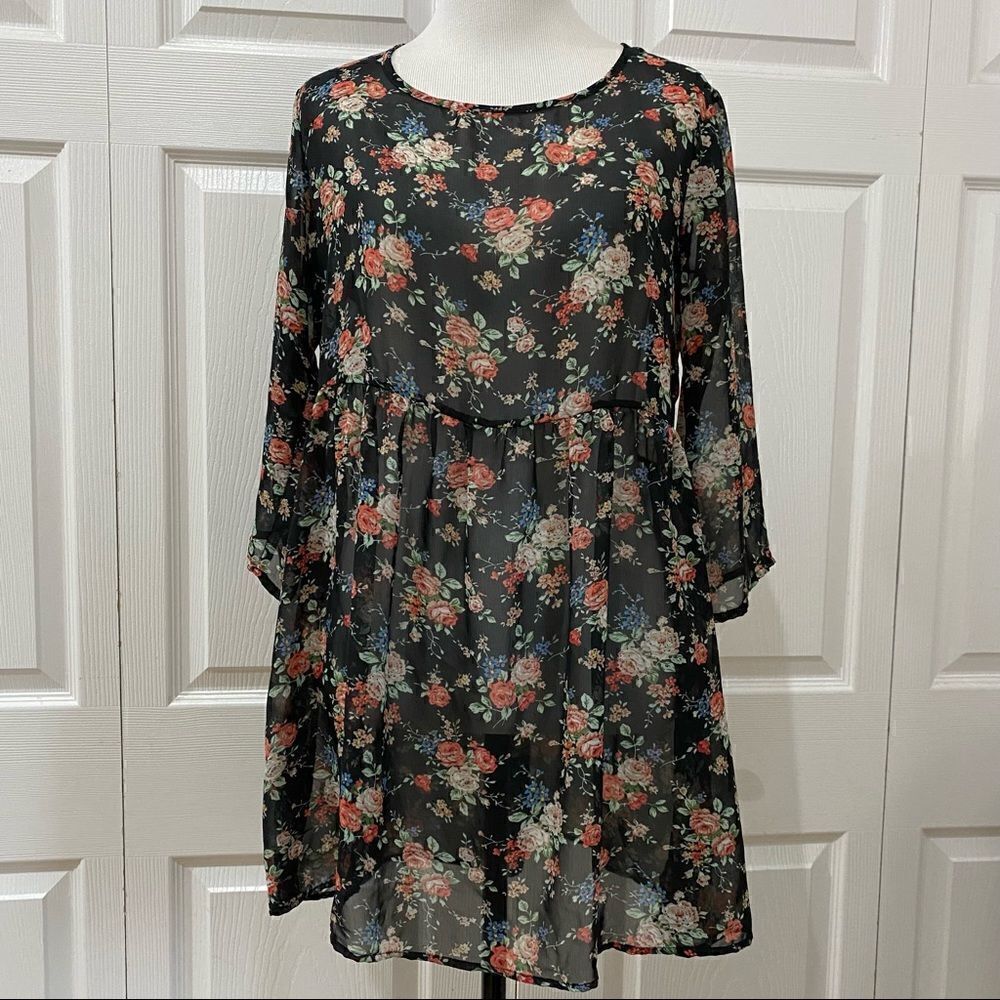 Happening In The Present Sheer Blouse Baby Doll Top Floral